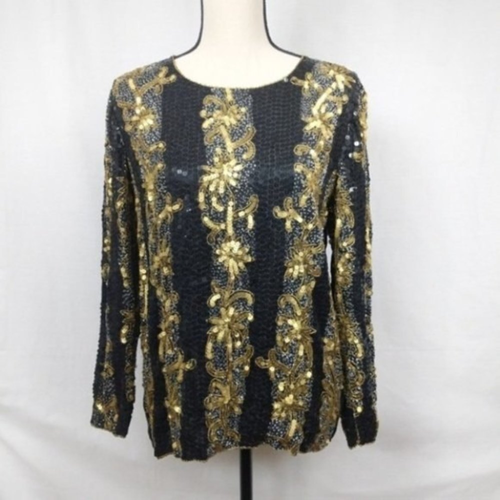 Joseph Le Bon Vintage Silk Sequin Black Gold Sweater S